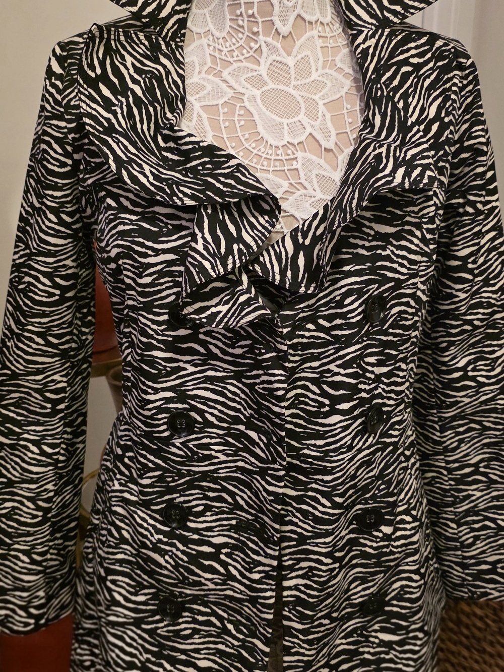 Sandro Black and White Zebra-Print Double-Breasted Pea Coat